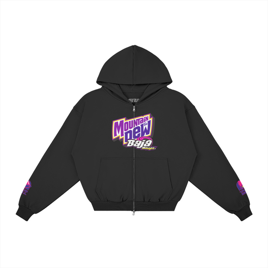 A black zip-up hoodie with a colorful 'Mountain Dew Blast' graphic on the chest and Taco Bell graphics on both sleeves, displayed against a solid white background.